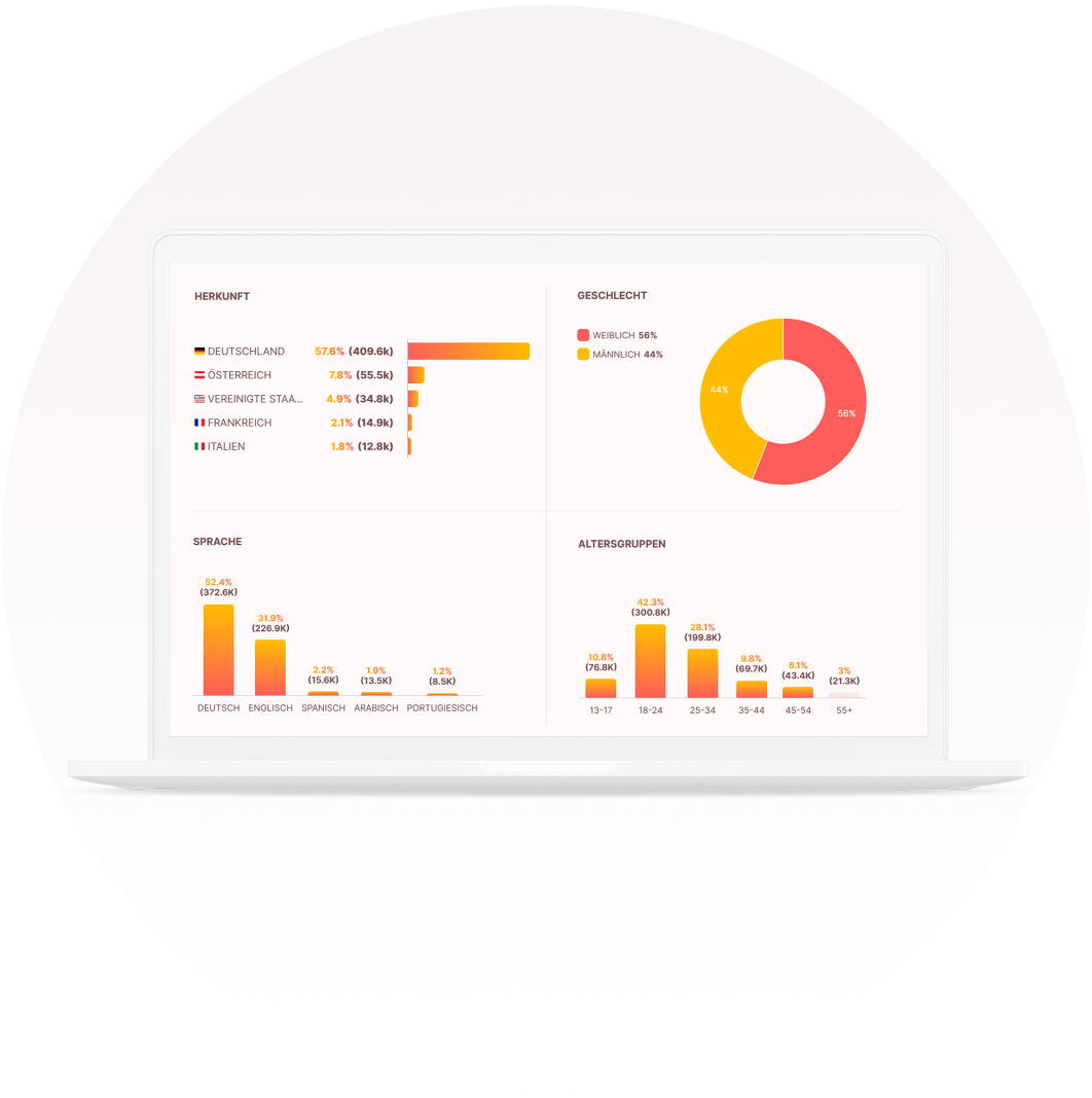 Ausschnitt aus der influData App auf der Statistiken und Analysen für einen Influencer zu sehen sind, zur Darstellung der Funktion Audience & Analytics