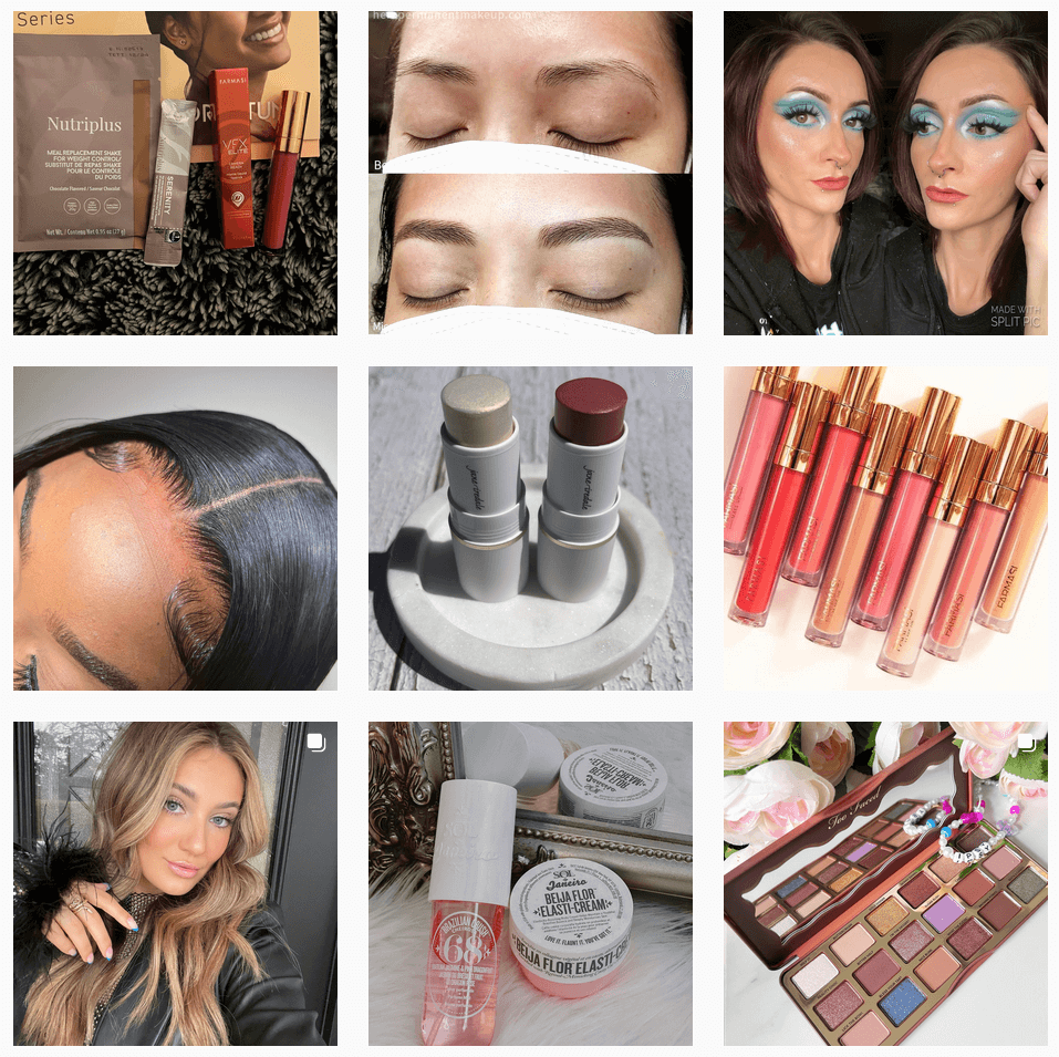 A photo collage of beauty products and women wearing make-up stemming from an Instagram search