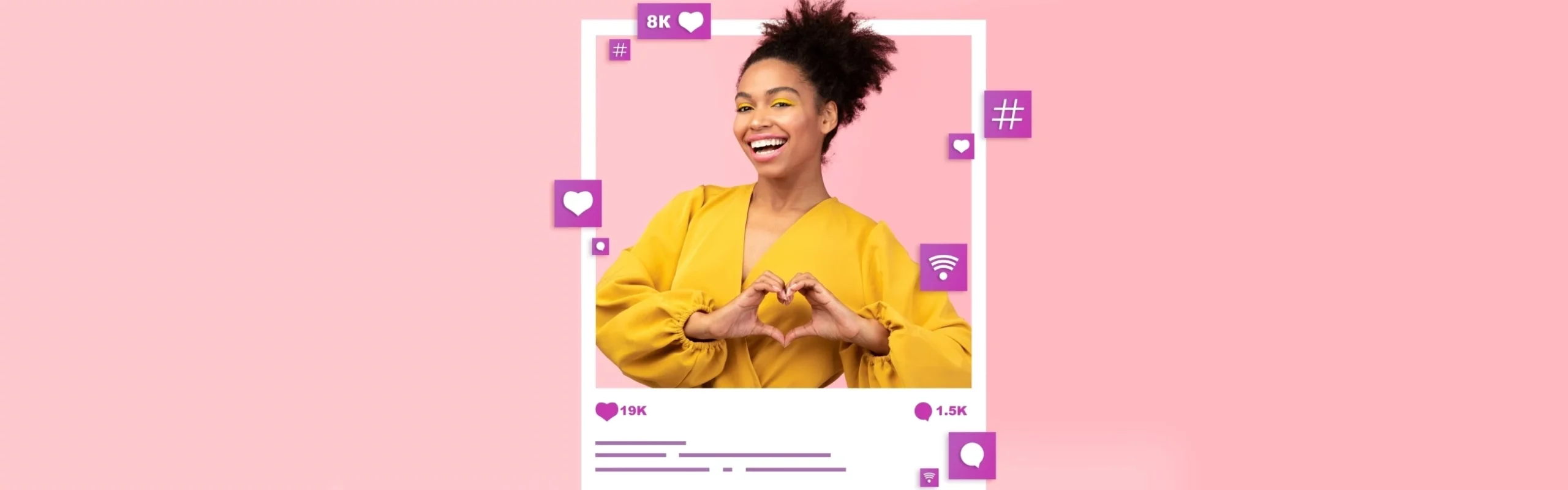 Female Influencer forming a heart with her hands, standing within a frame that looks like a posting