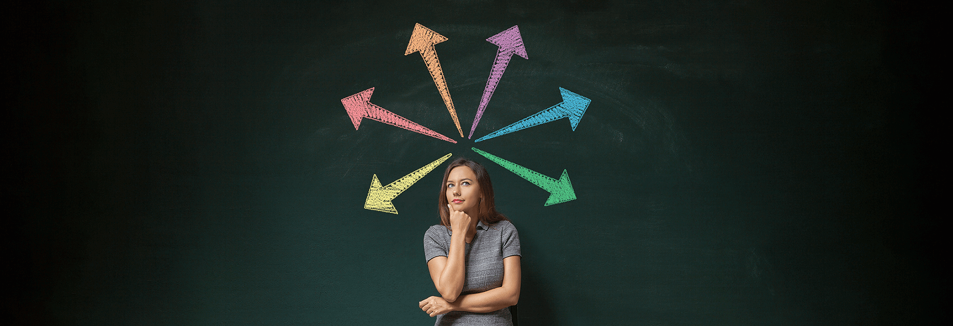 A woman in a thinking pose with 6 colorful arrows above her head, thinking about 6 influencer search tools