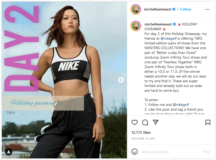 Instagram Post von Michelle Wie West für Nike, bei dem sie in einem Sportputfit posiert