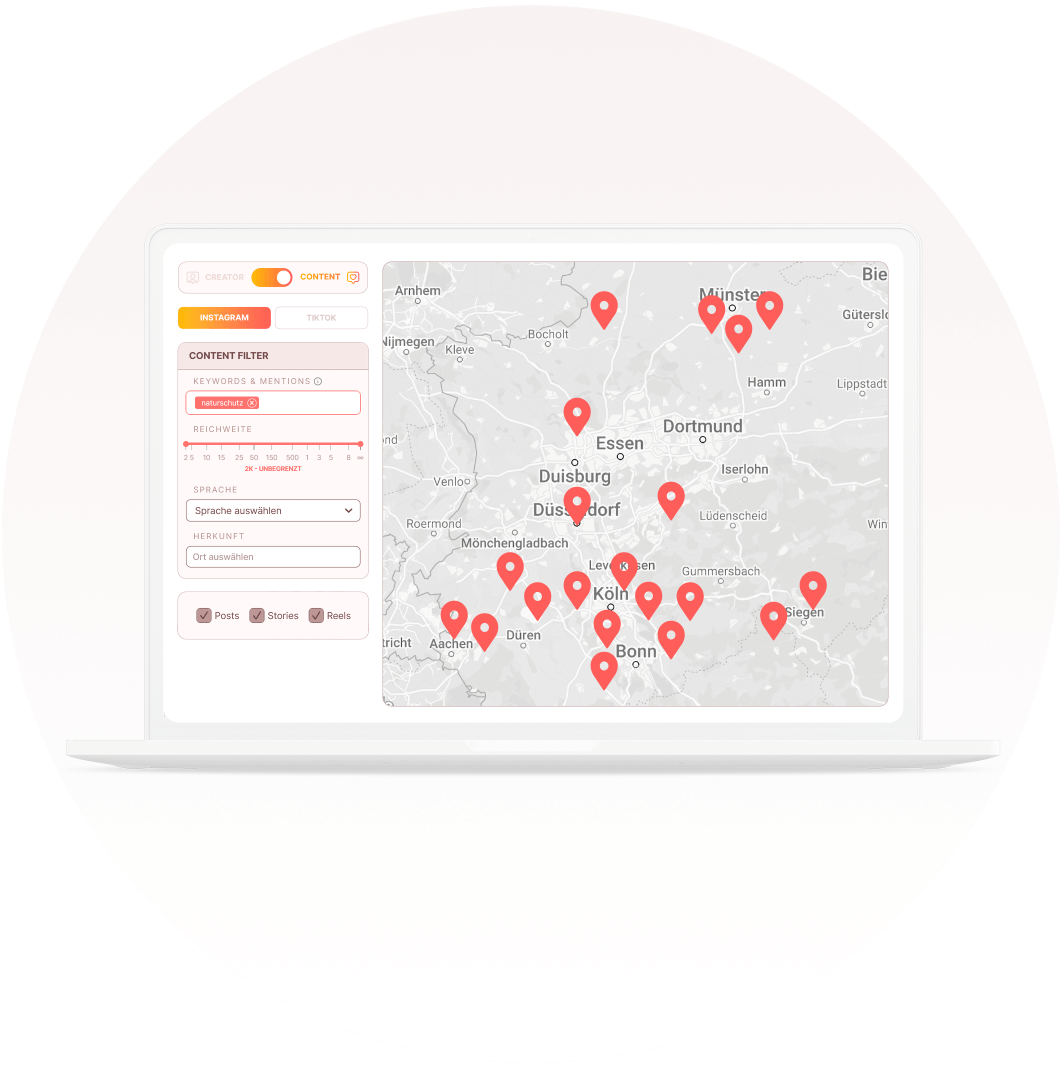 Bild aus der influData App, in der die Treffer-Reultate einer Content Search auf einer Landkarte mittels Marker zu sehen sind