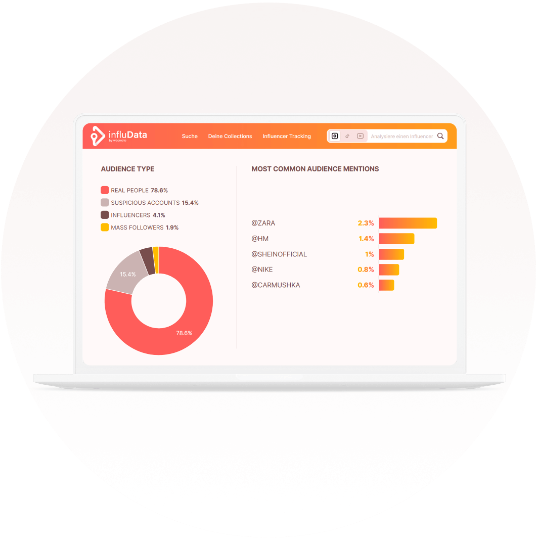 Screenshot from the influData App, showing the Audience Allocation (into Real People, Suspicious Accounts, Influencer and Mass Followers) as well as the Most Used Mentions by the Influencer's Audience